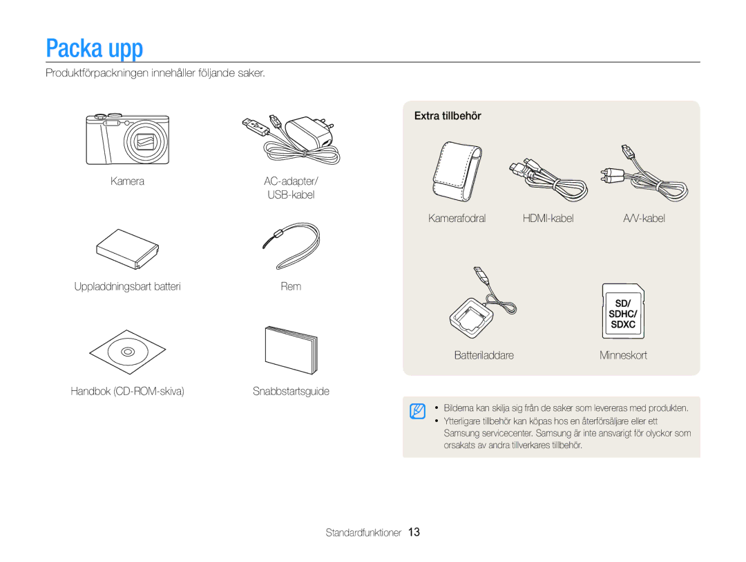 Samsung EC-WB750ZBPBE2 manual Packa upp, Kamerafodral HDMI-kabel, Uppladdningsbart batteri, Standardfunktioner 