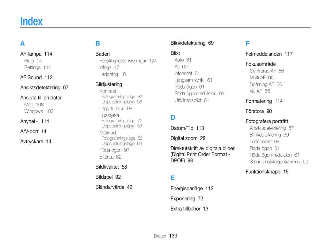 Samsung EC-WB750ZBPBE2 manual Index 