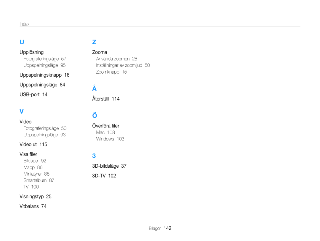 Samsung EC-WB750ZBPBE2 manual Bildspel Mapp Miniatyrer Smartalbum, Använda zoomen 28 Inställningar av zoomljud 50 Zoomknapp 