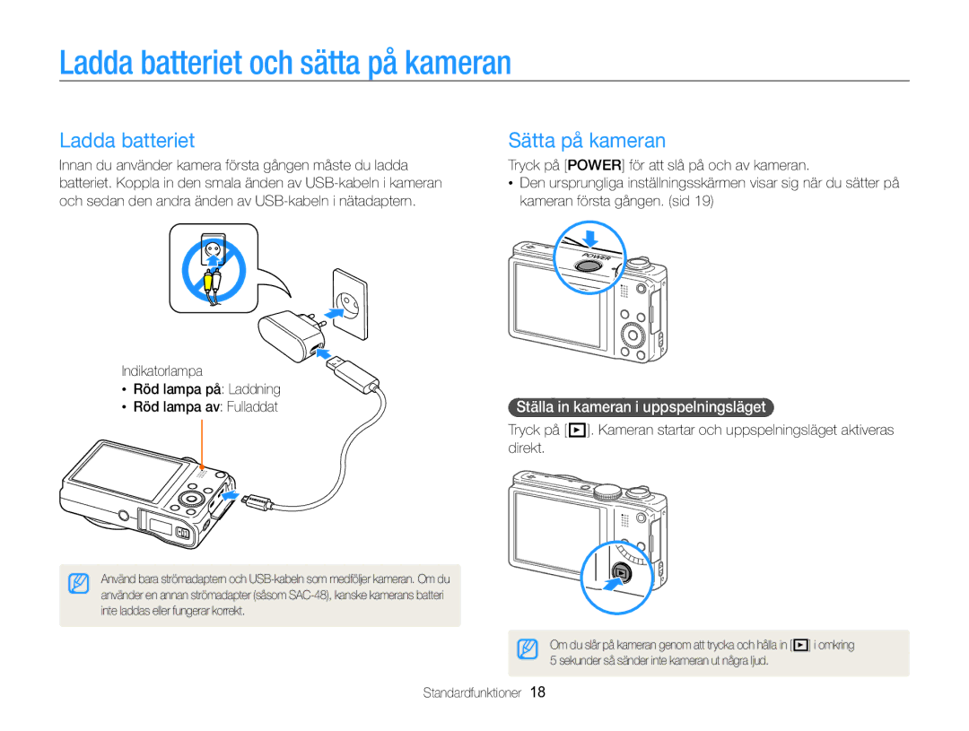 Samsung EC-WB750ZBPBE2 manual Ladda batteriet och sätta på kameran, Sätta på kameran, Ställa in kameran i uppspelningsläget 