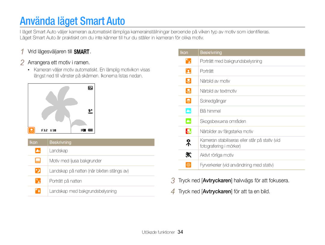 Samsung EC-WB750ZBPBE2 manual Använda läget Smart Auto, Vrid lägesväljaren till T Arrangera ett motiv i ramen 