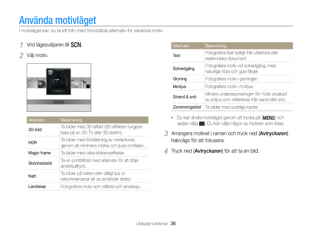 Samsung EC-WB750ZBPBE2 manual Använda motivläget, Vrid lägesväljaren till s Välj motiv 