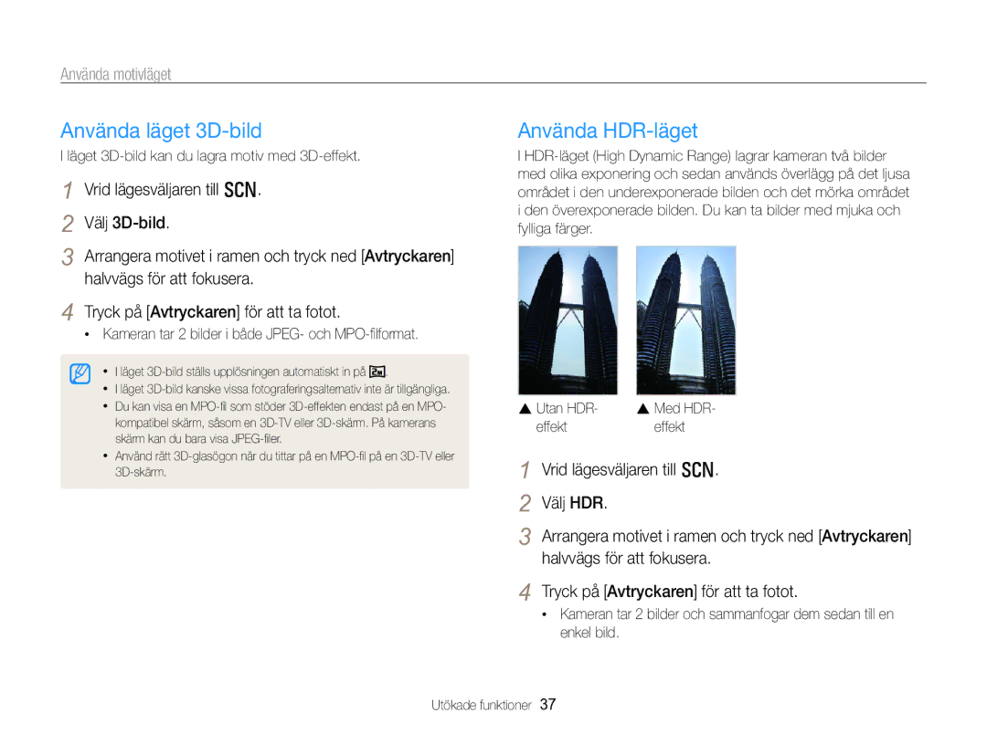Samsung EC-WB750ZBPBE2 manual Använda läget 3D-bild, Använda HDR-läget, Använda motivläget 