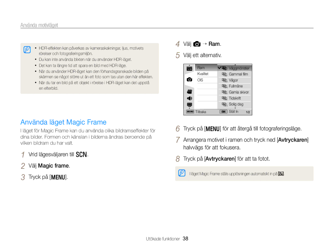 Samsung EC-WB750ZBPBE2 manual Använda läget Magic Frame, Välj a “ Ram Välj ett alternativ 