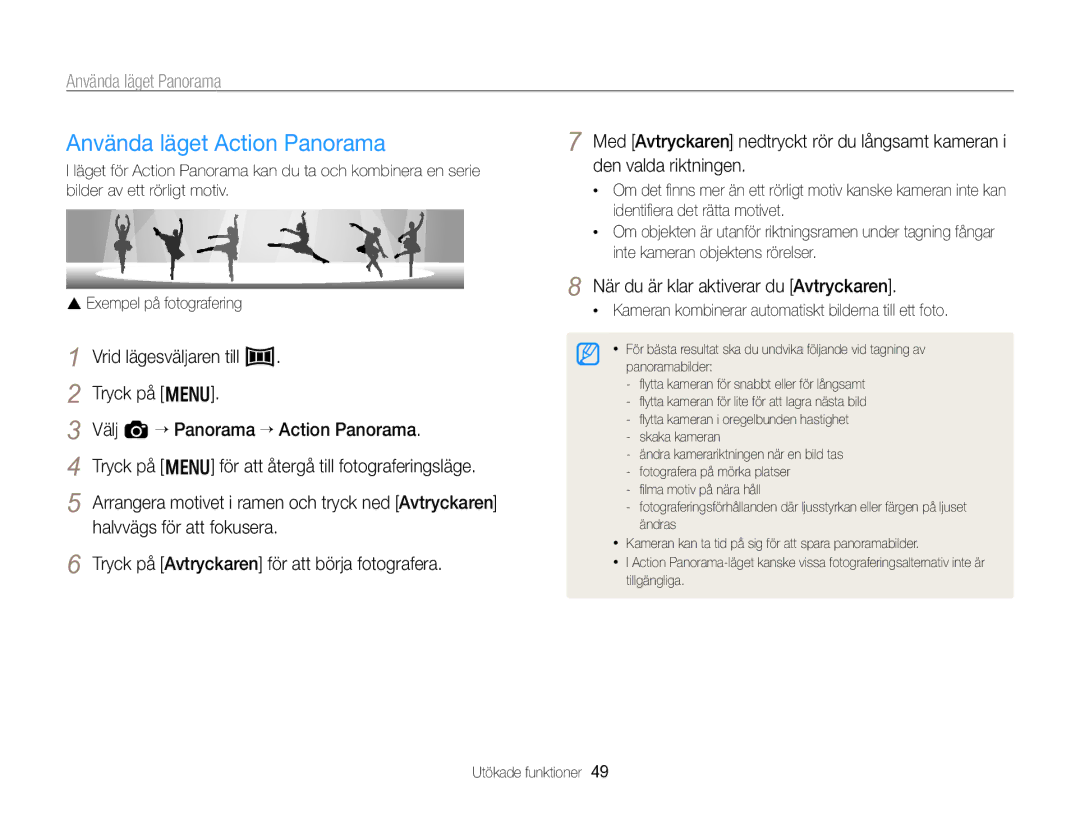 Samsung EC-WB750ZBPBE2 manual Använda läget Action Panorama, Kameran kombinerar automatiskt bilderna till ett foto 