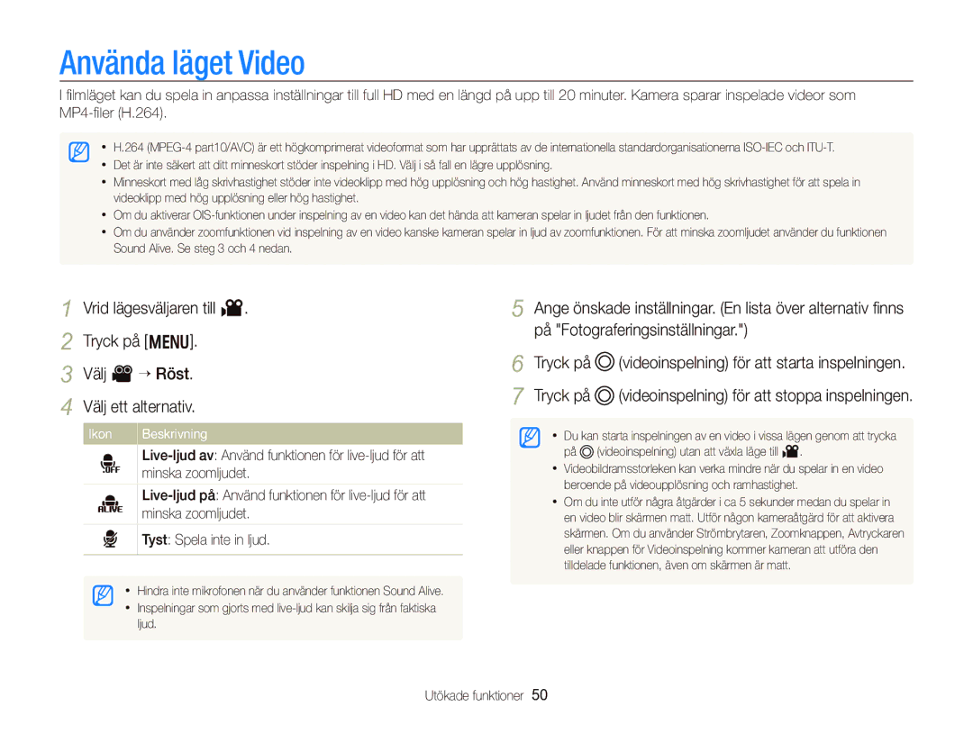 Samsung EC-WB750ZBPBE2 manual Använda läget Video, Minska zoomljudet, Tyst Spela inte in ljud 