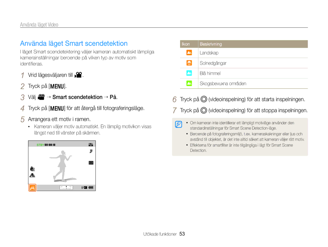 Samsung EC-WB750ZBPBE2 manual Använda läget Smart scendetektion, Tryck på m Välj V “ Smart scendetektion “ På 