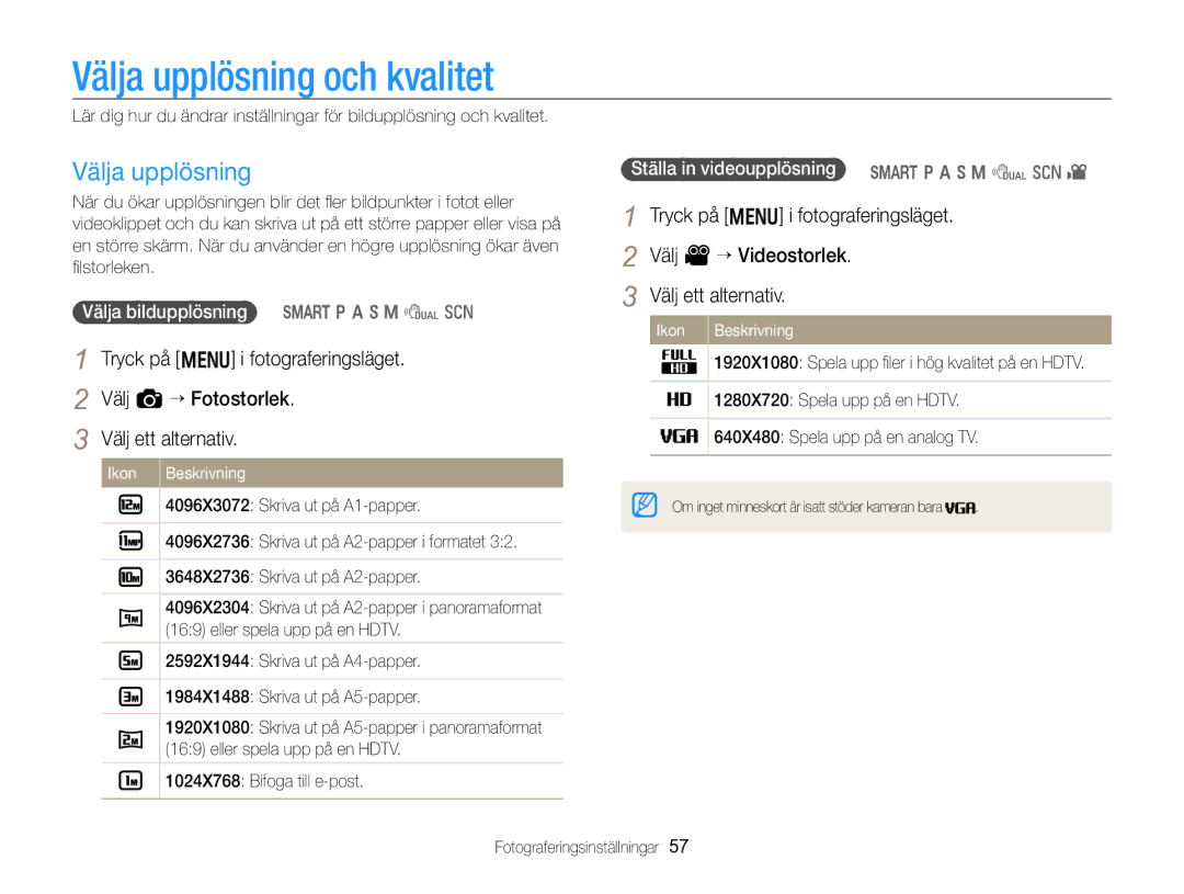 Samsung EC-WB750ZBPBE2 manual Välja upplösning och kvalitet, Välja bildupplösning S p a h M d s 