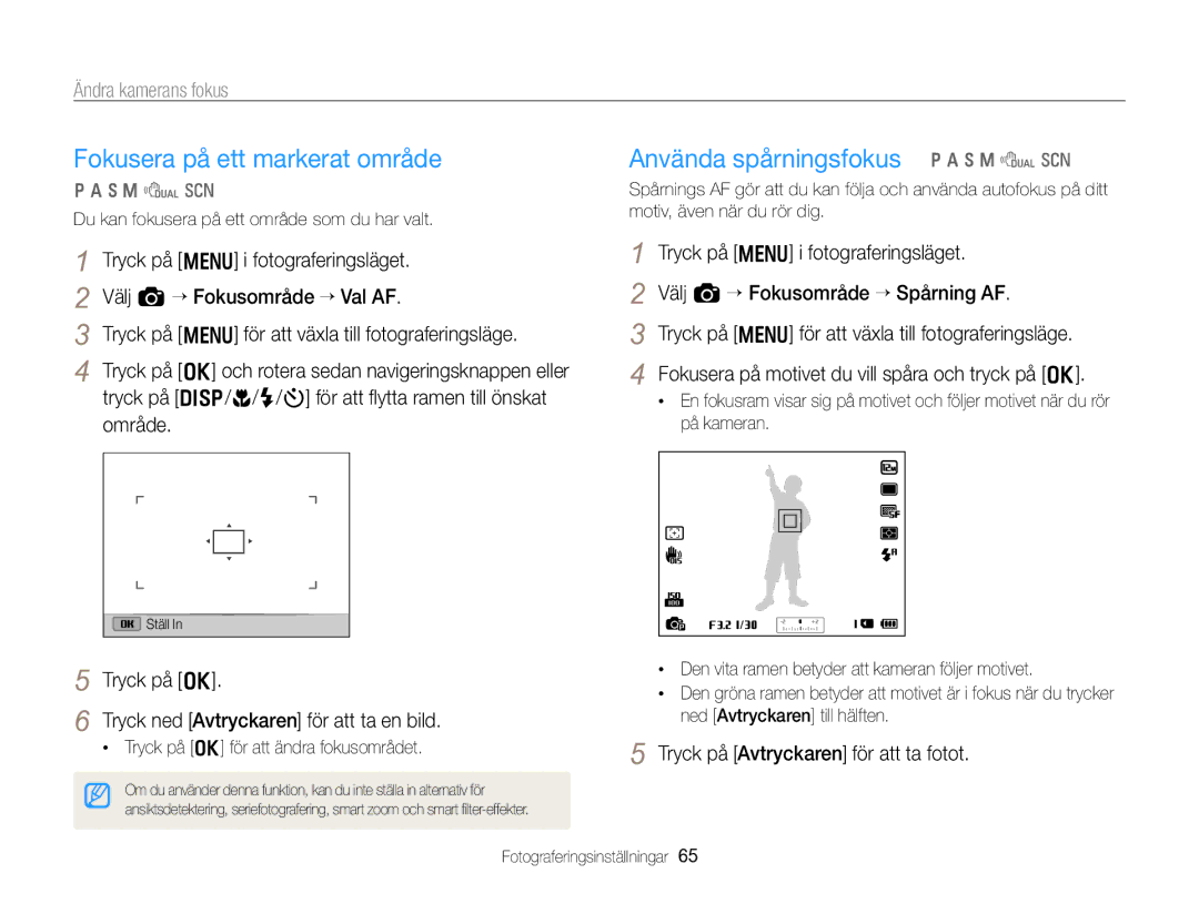 Samsung EC-WB750ZBPBE2 manual Fokusera på ett markerat område, Använda spårningsfokus p a h M d s 