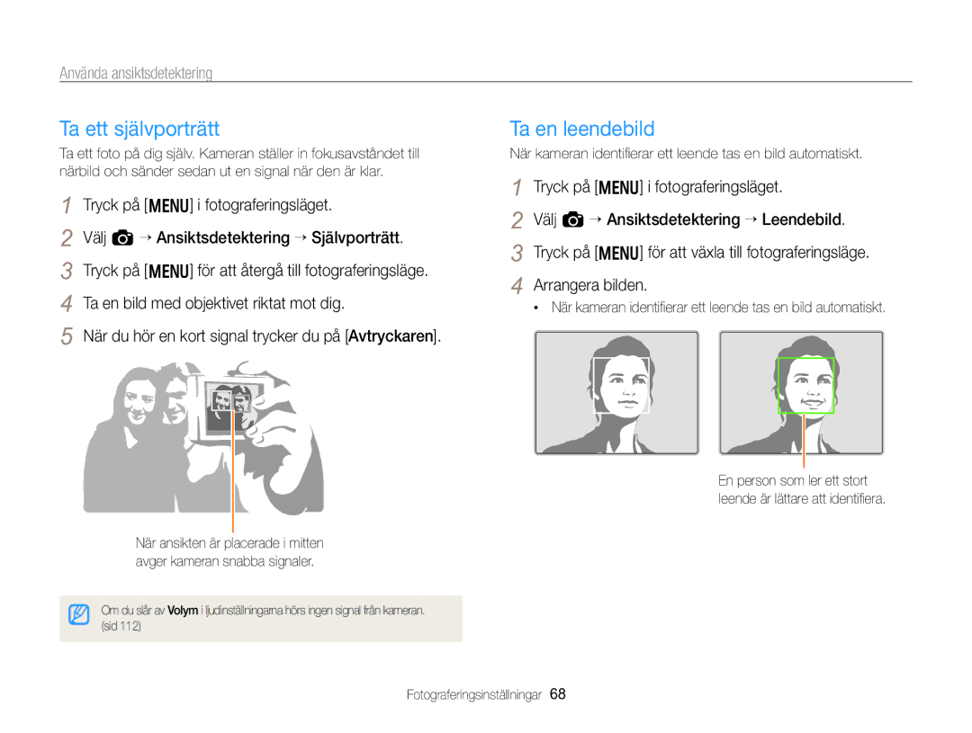 Samsung EC-WB750ZBPBE2 manual Ta ett självporträtt, Ta en leendebild, Använda ansiktsdetektering 