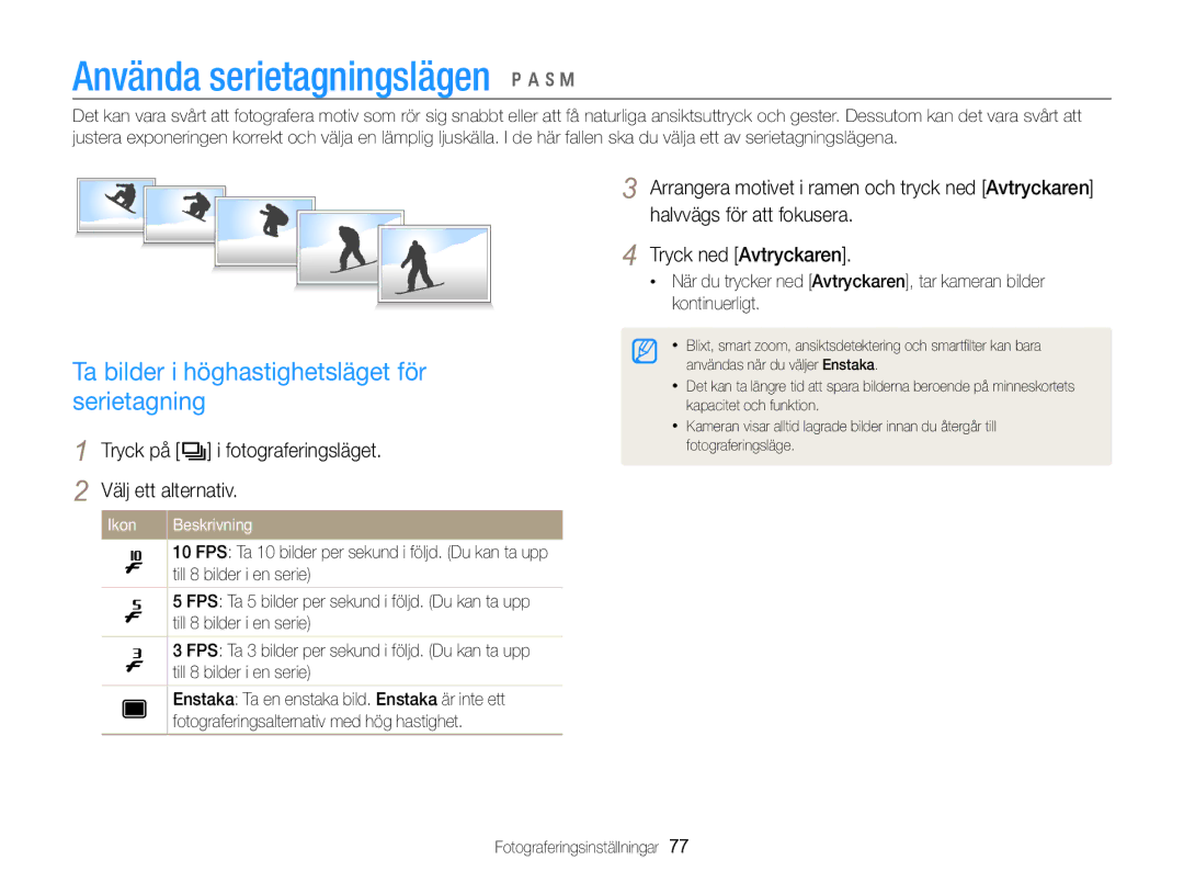 Samsung EC-WB750ZBPBE2 manual Använda serietagningslägen p a h M, Ta bilder i höghastighetsläget för serietagning 