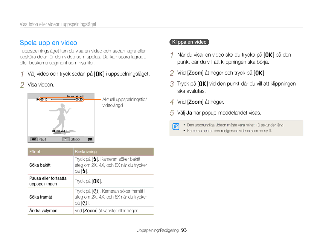 Samsung EC-WB750ZBPBE2 manual Spela upp en video, Klippa en video 