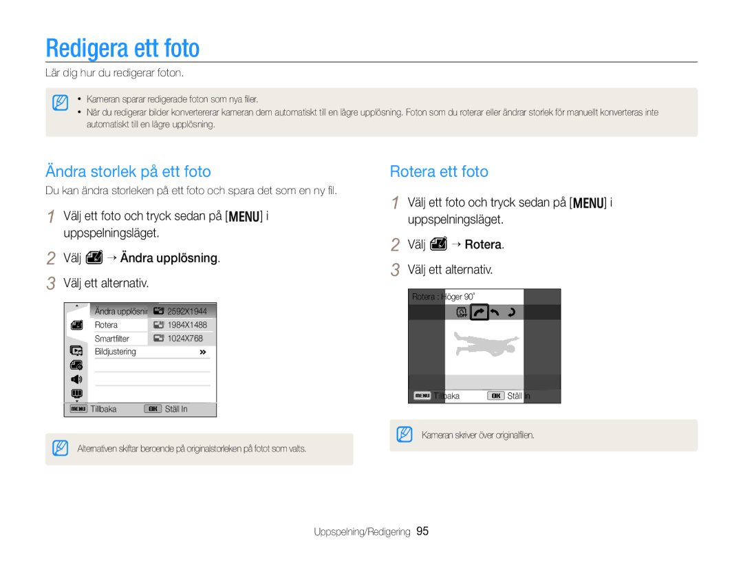 Samsung EC-WB750ZBPBE2 manual Redigera ett foto, Ändra storlek på ett foto, Rotera ett foto, Lär dig hur du redigerar foton 