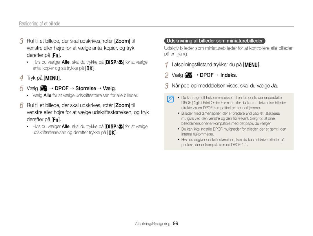 Samsung EC-WB750ZBPBE2 manual Tryk på m Vælg O “ Dpof “ Størrelse “ Vælg, Udskrivning af billeder som miniaturebilleder 