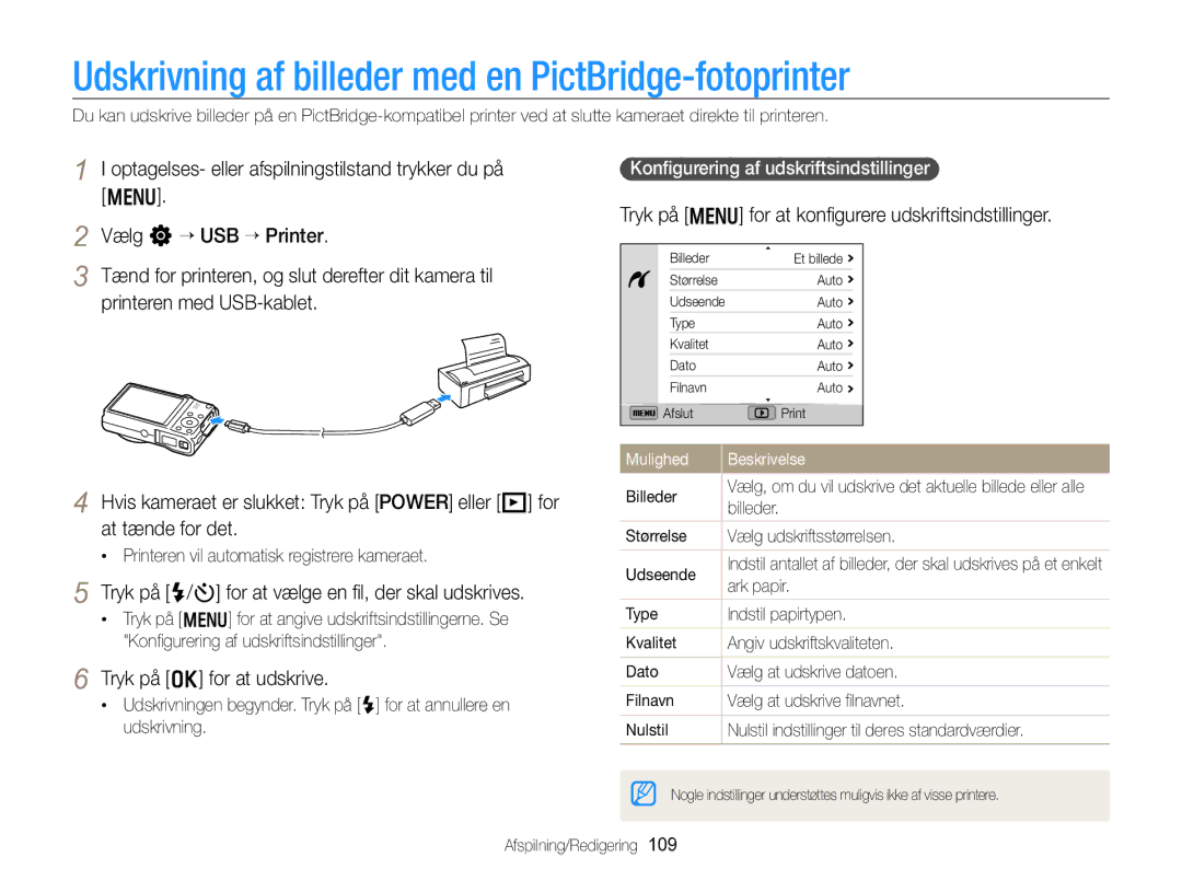 Samsung EC-WB750ZBPBE2 manual Udskrivning af billeder med en PictBridge-fotoprinter, Tryk på o for at udskrive 