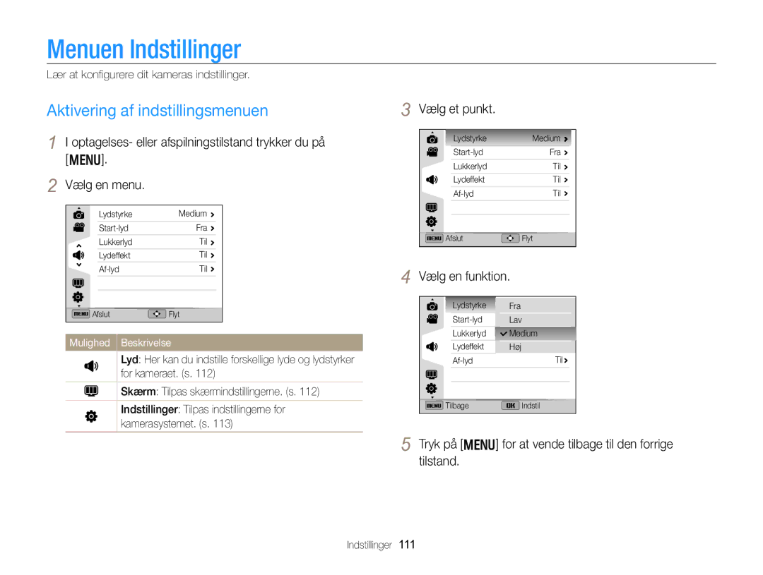 Samsung EC-WB750ZBPBE2 manual Menuen Indstillinger, Aktivering af indstillingsmenuen, Vælg et punkt 