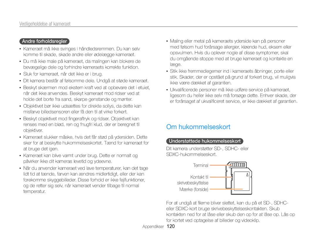 Samsung EC-WB750ZBPBE2 manual Om hukommelseskort, Andre forholdsregler, Understøttede hukommelseskort 