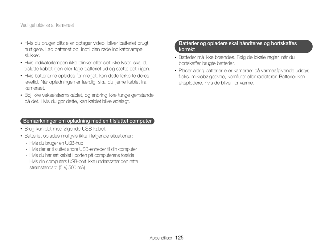 Samsung EC-WB750ZBPBE2 manual Bemærkninger om opladning med en tilsluttet computer 