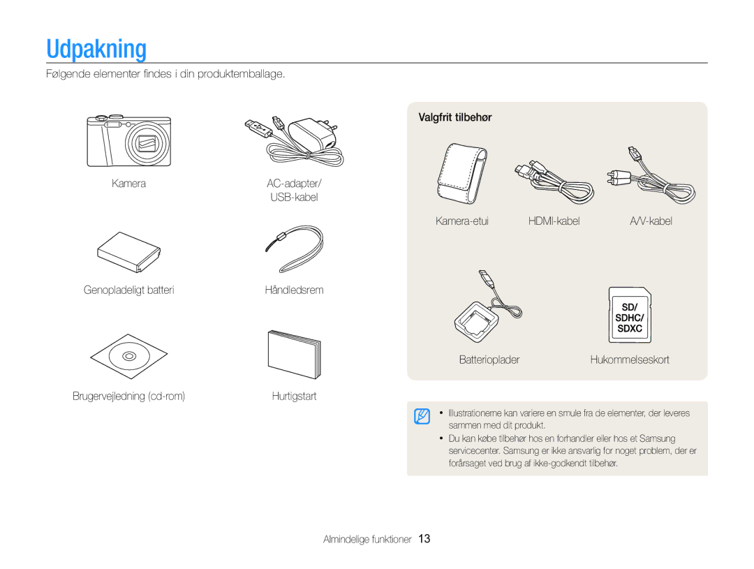 Samsung EC-WB750ZBPBE2 manual Udpakning, Kamera-etui HDMI-kabelA/V-kabel Genopladeligt batteri, Almindelige funktioner 