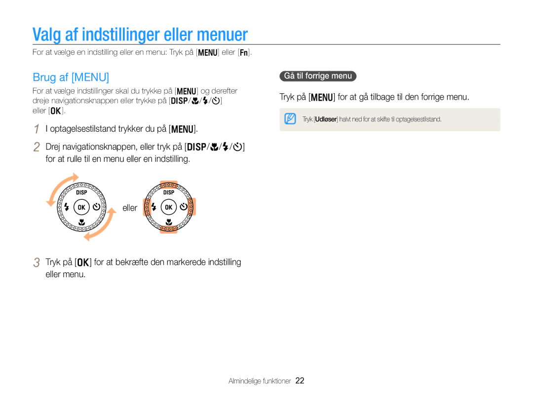 Samsung EC-WB750ZBPBE2 Valg af indstillinger eller menuer, Brug af Menu, Tryk på m for at gå tilbage til den forrige menu 