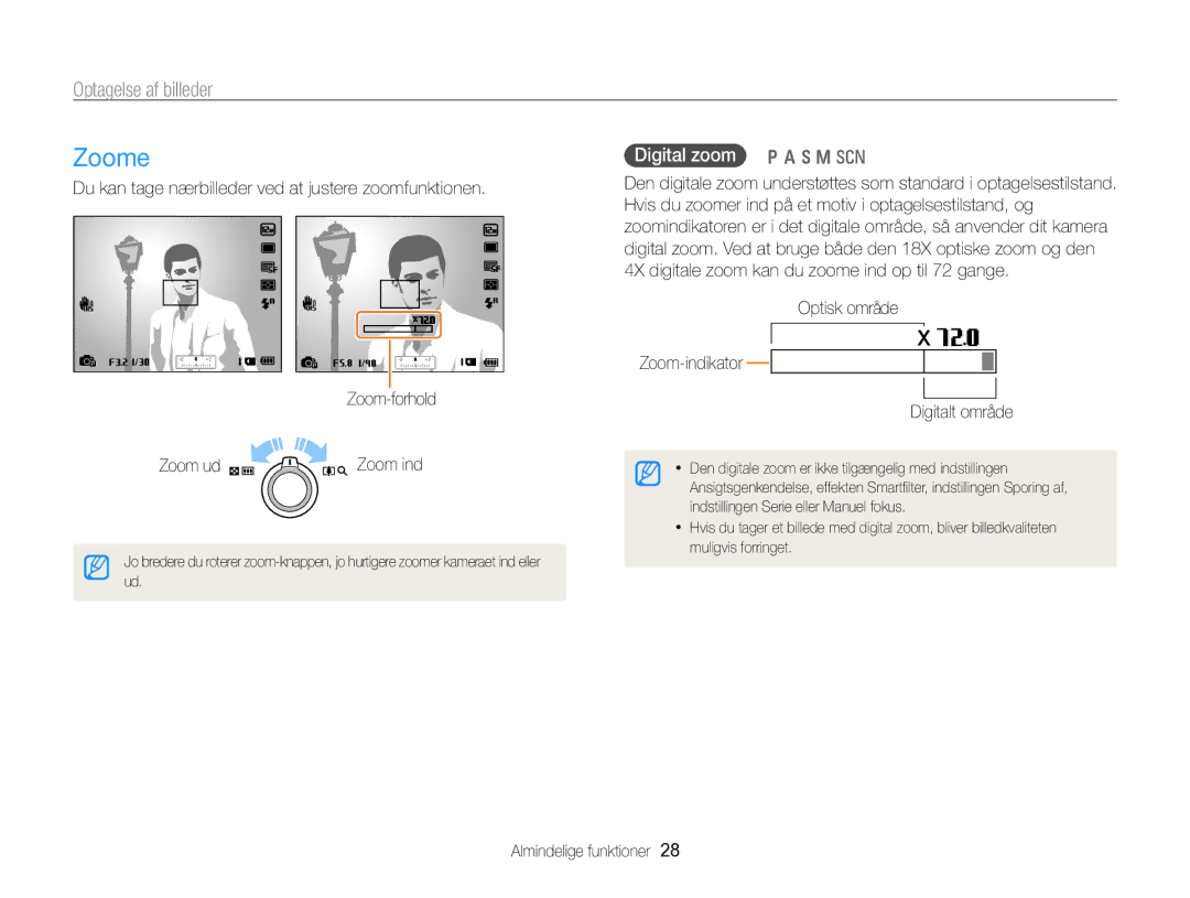 Samsung EC-WB750ZBPBE2 Zoome, Optagelse af billeder, Digital zoom p a h M s, Optisk område Zoom-indikator Digitalt område 