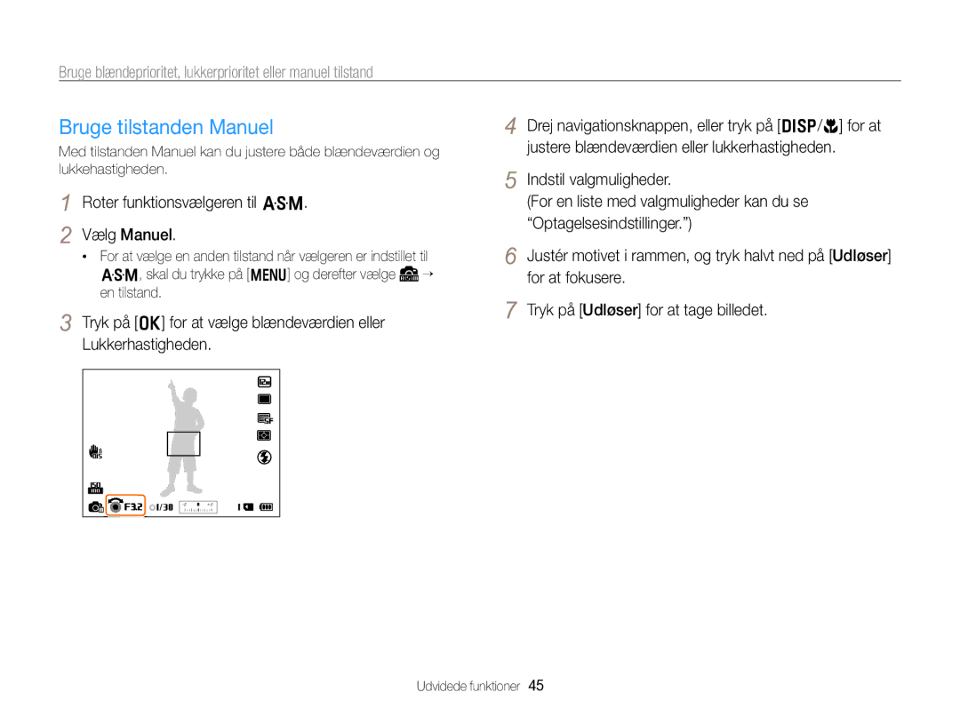 Samsung EC-WB750ZBPBE2 manual Bruge tilstanden Manuel, Roter funktionsvælgeren til G Vælg Manuel 