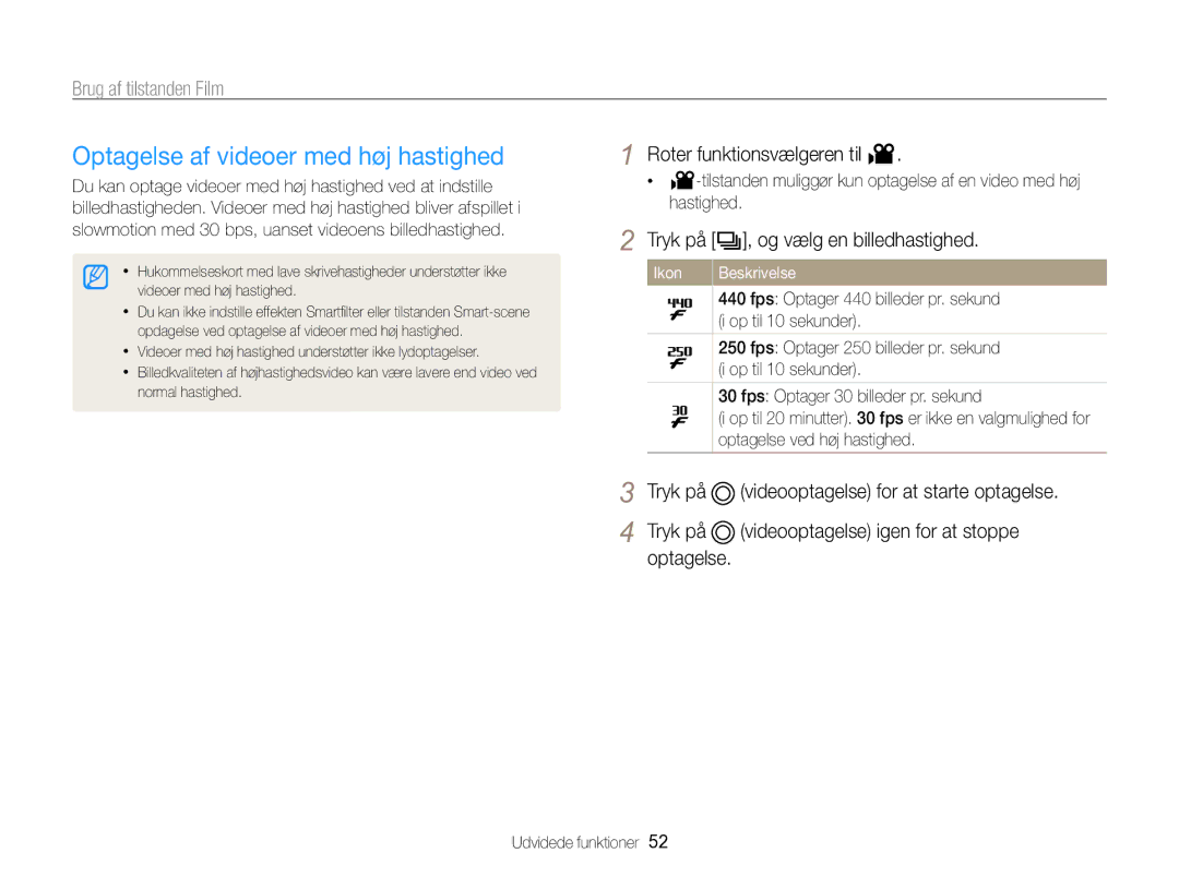 Samsung EC-WB750ZBPBE2 manual Optagelse af videoer med høj hastighed, Roter funktionsvælgeren til 