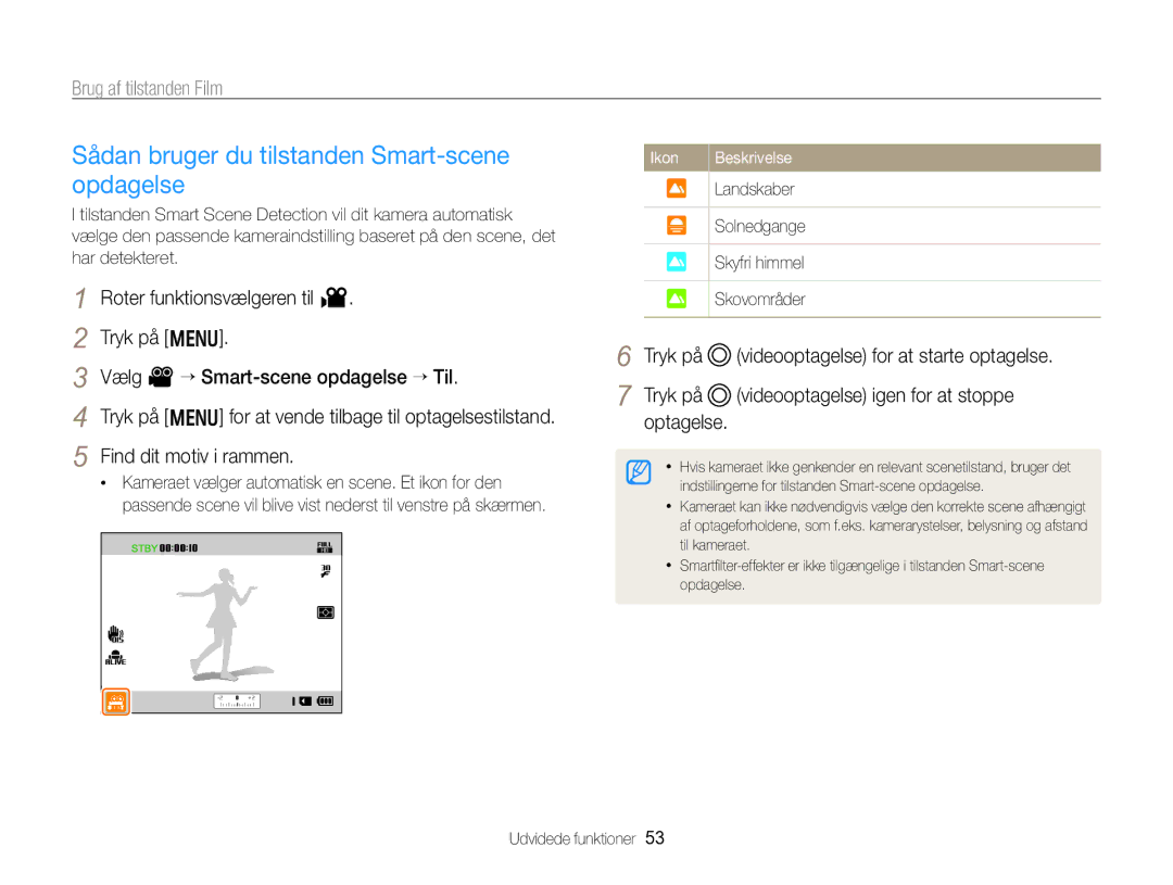 Samsung EC-WB750ZBPBE2 Sådan bruger du tilstanden Smart-scene opdagelse, Videooptagelse igen for at stoppe, Optagelse 