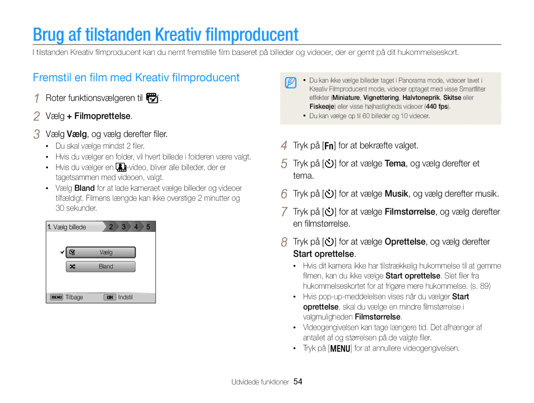 Samsung EC-WB750ZBPBE2 manual Brug af tilstanden Kreativ ﬁlmproducent, Fremstil en ﬁlm med Kreativ ﬁlmproducent 