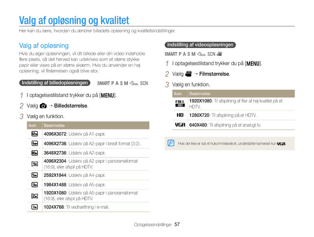 Samsung EC-WB750ZBPBE2 manual Valg af opløsning og kvalitet, Indstilling af billedopløsningen S p a h M d s 