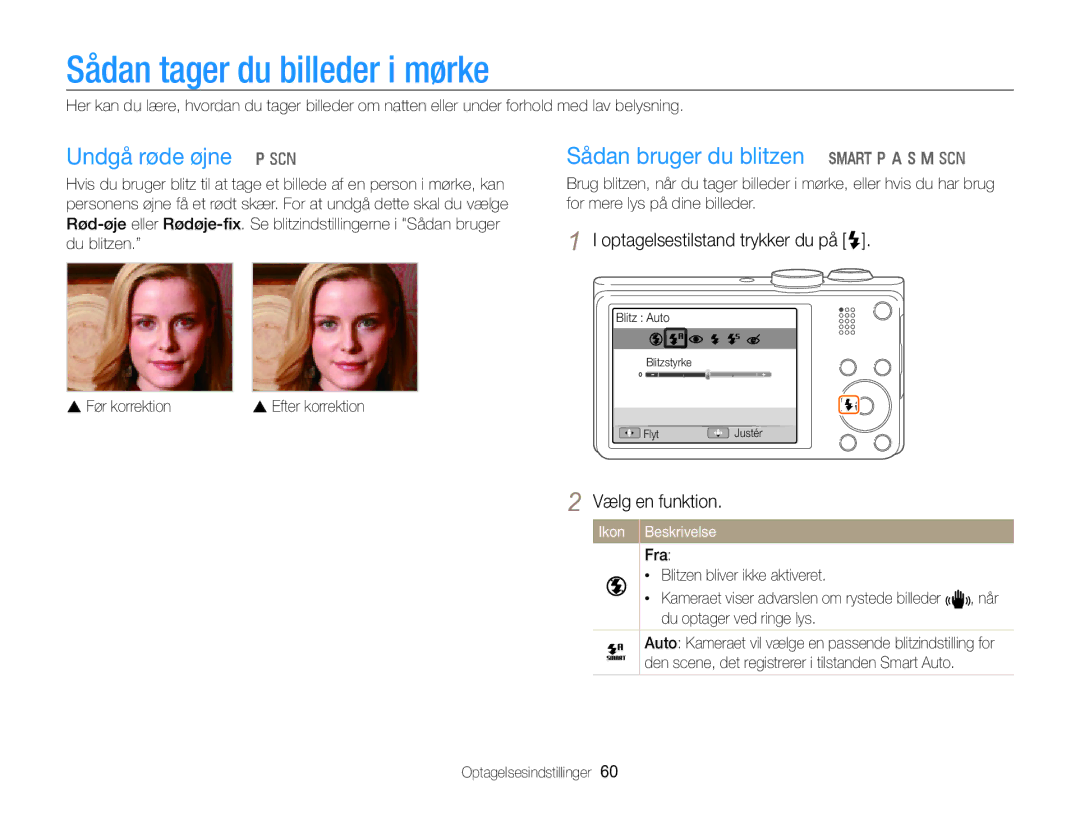 Samsung EC-WB750ZBPBE2 manual Sådan tager du billeder i mørke, Undgå røde øjne p s, Sådan bruger du blitzen S p a h M s 