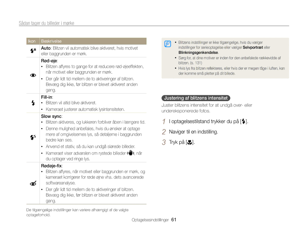 Samsung EC-WB750ZBPBE2 manual Sådan tager du billeder i mørke, Justering af blitzens intensitet 