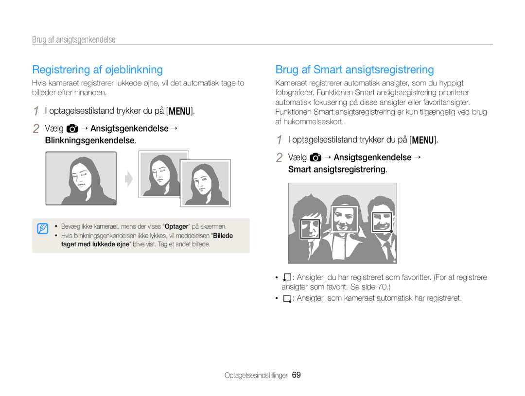 Samsung EC-WB750ZBPBE2 manual Registrering af øjeblinkning, Brug af Smart ansigtsregistrering 