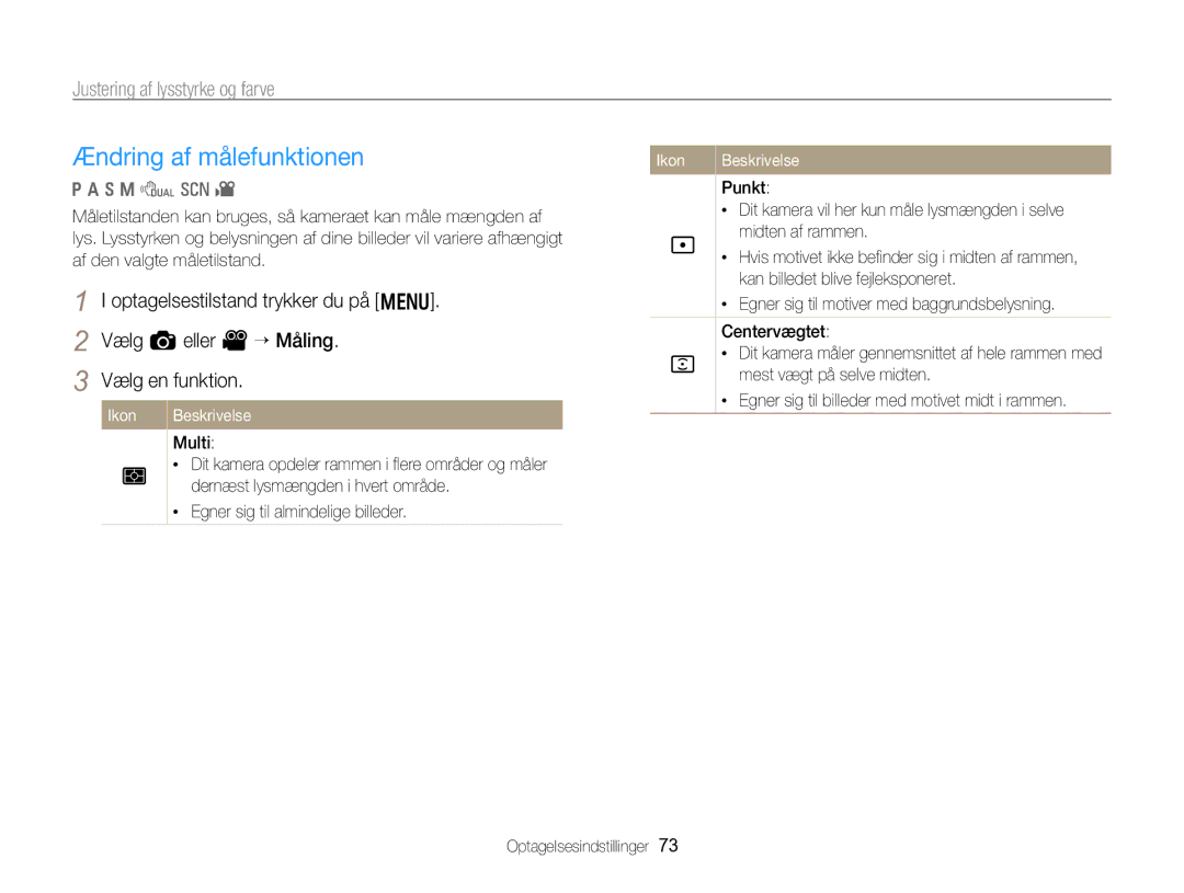 Samsung EC-WB750ZBPBE2 manual Ændring af målefunktionen, Justering af lysstyrke og farve, Vælg a eller V “ Måling 