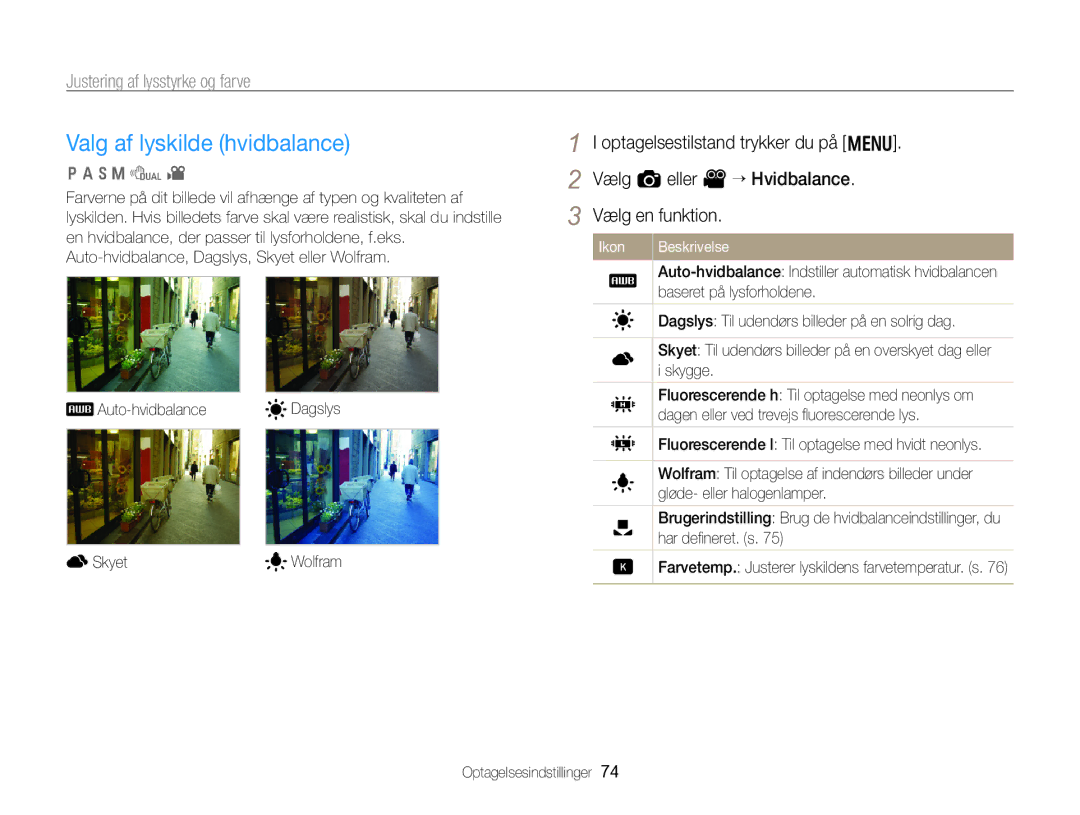 Samsung EC-WB750ZBPBE2 manual Valg af lyskilde hvidbalance 