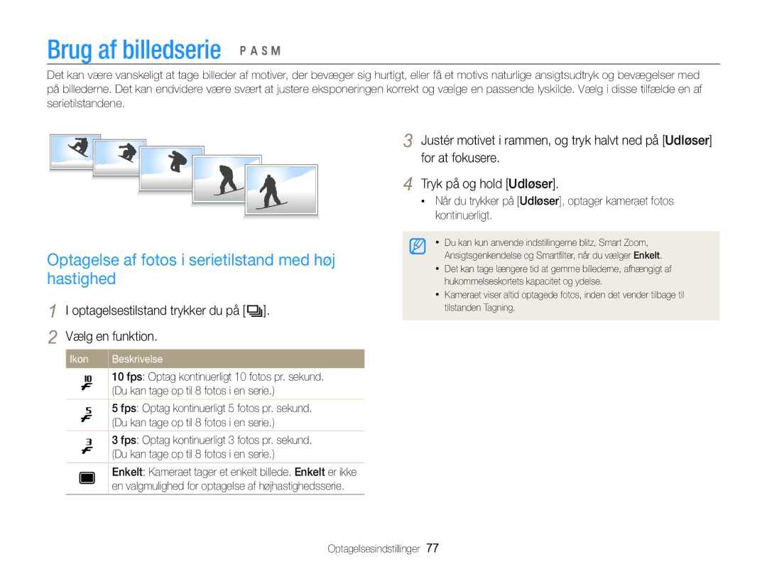 Samsung EC-WB750ZBPBE2 manual Optagelse af fotos i serietilstand med høj hastighed 