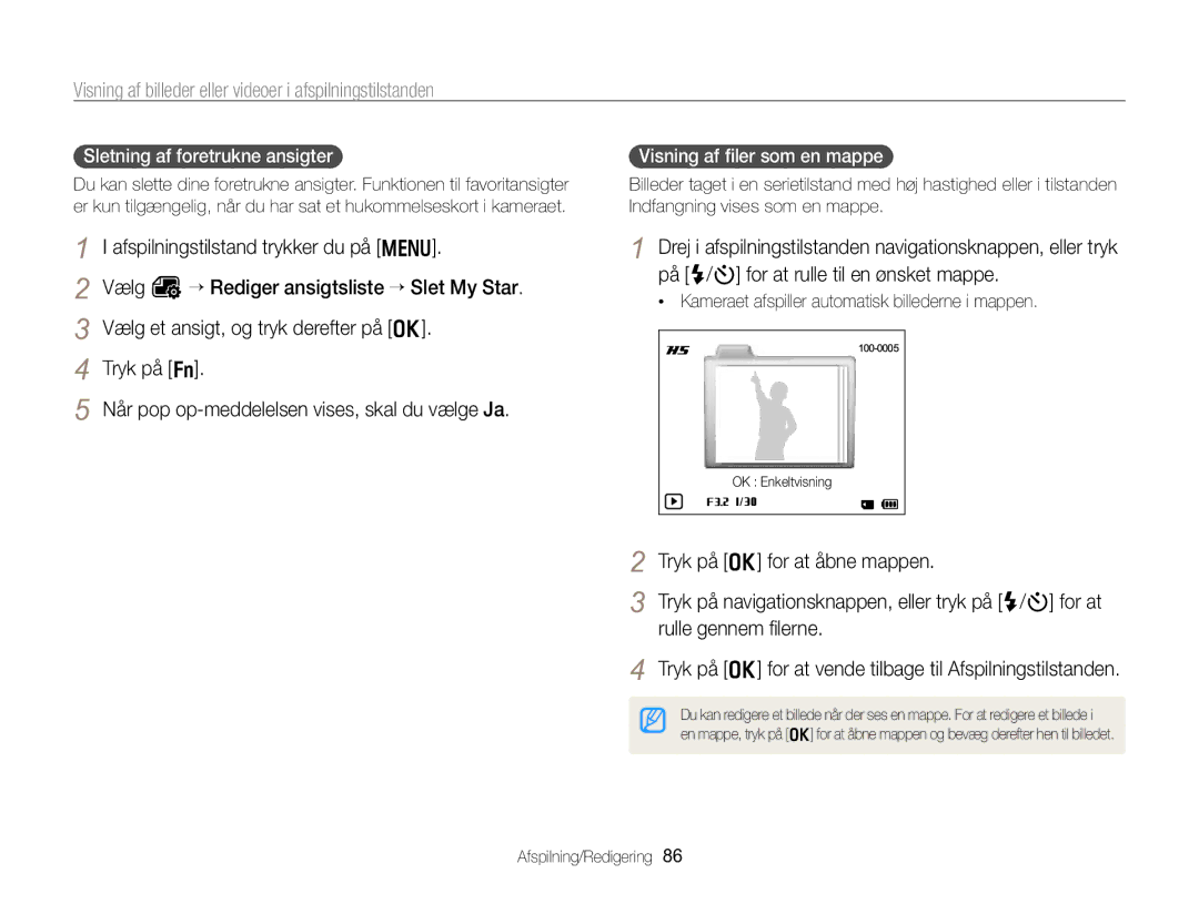 Samsung EC-WB750ZBPBE2 manual Sletning af foretrukne ansigter, Visning af ﬁler som en mappe 