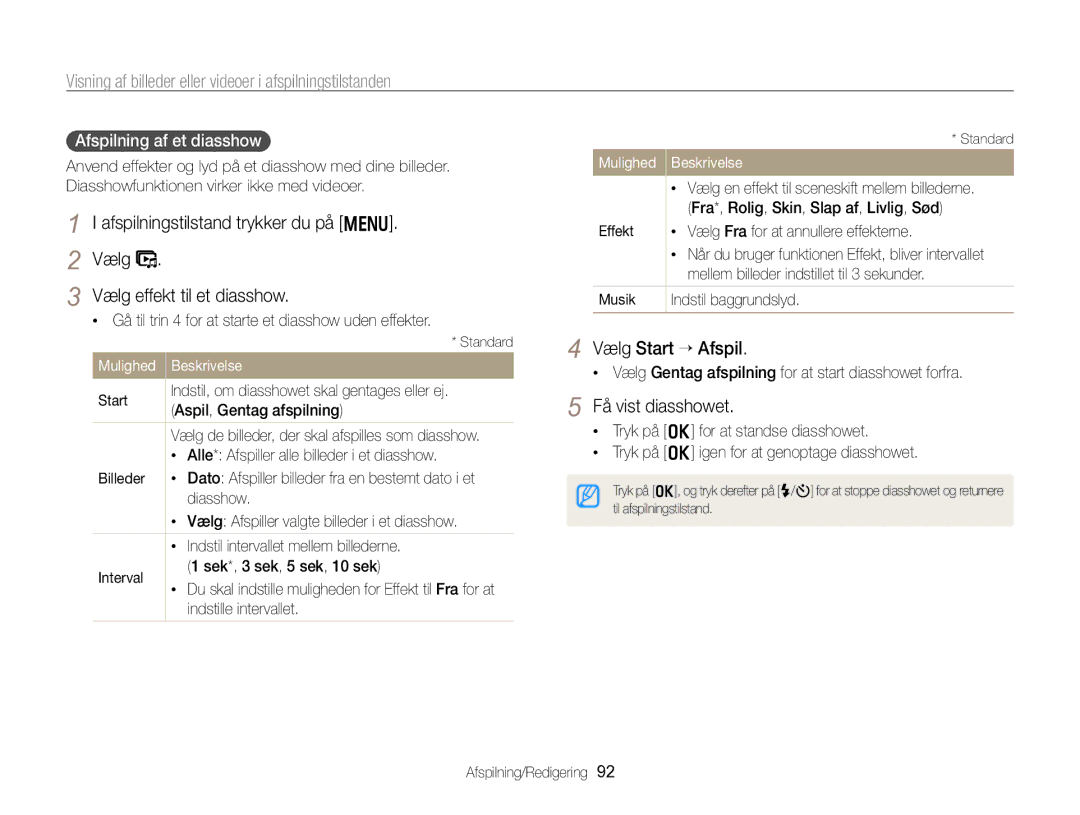 Samsung EC-WB750ZBPBE2 manual Afspilningstilstand trykker du på m, Vælg effekt til et diasshow, Vælg Start “ Afspil 