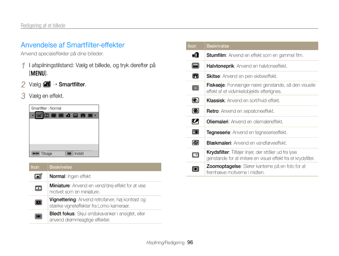 Samsung EC-WB750ZBPBE2 manual Anvendelse af Smartﬁlter-effekter, Redigering af et billede, Vælg e “ Smartﬁlter 