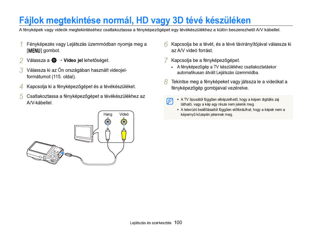 Samsung EC-WB750ZBPBE2 Fájlok megtekintése normál, HD vagy 3D tévé készüléken, Hang Videó, Képernyő közepén jelennek meg 