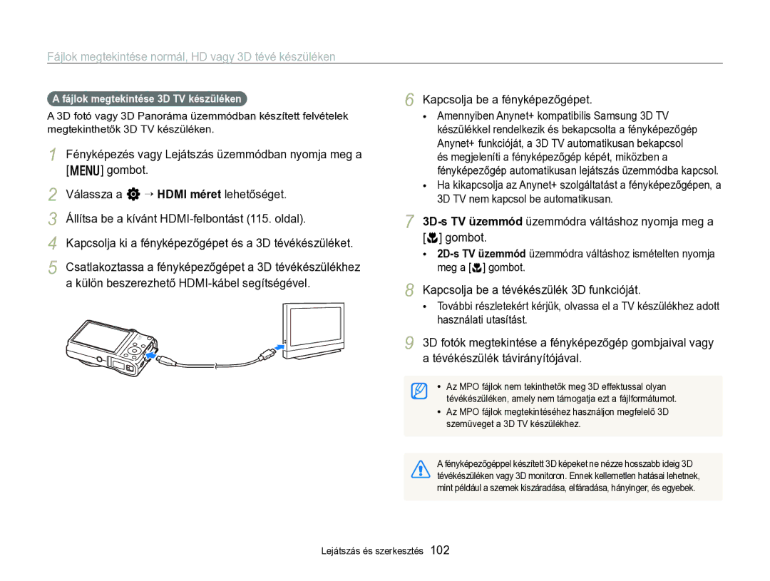 Samsung EC-WB750ZBPBE2 3D-s TV üzemmód üzemmódra váltáshoz nyomja meg a c gombot, Fájlok megtekintése 3D TV készüléken 