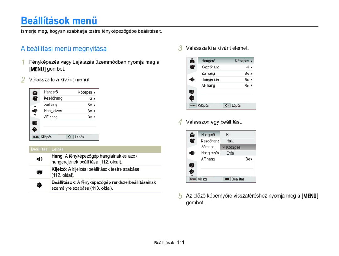 Samsung EC-WB750ZBPBE3, EC-WB750ZBPBE2 manual Beállítások menü, Beállítási menü megnyitása, Válassza ki a kívánt elemet 