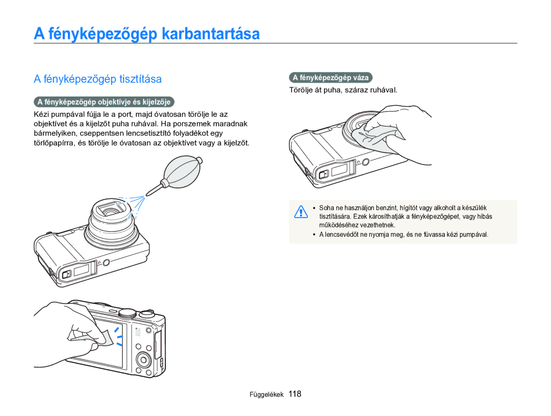 Samsung EC-WB750ZBPBE2 manual Fényképezőgép karbantartása, Fényképezőgép tisztítása, Fényképezőgép objektívje és kijelzője 