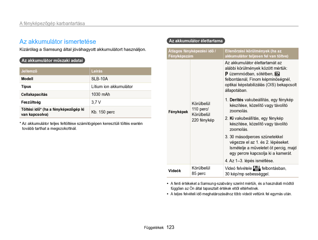 Samsung EC-WB750ZBPBE3 manual Az akkumulátor ismertetése, Az akkumulátor műszaki adatai, Az akkumulátor élettartama 