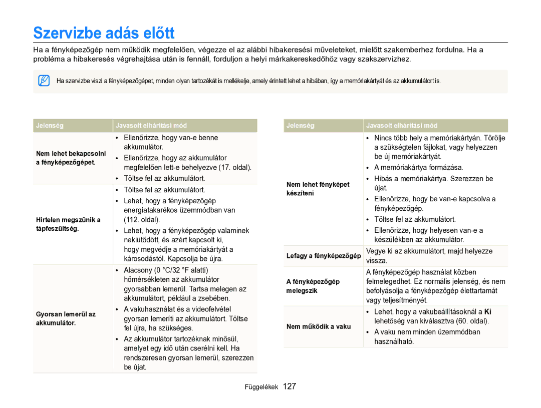 Samsung EC-WB750ZBPBE3, EC-WB750ZBPBE2 manual Szervizbe adás előtt 