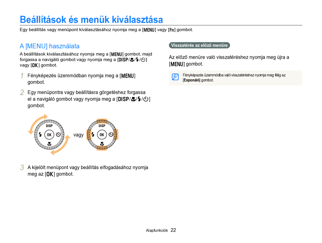 Samsung EC-WB750ZBPBE2 Beállítások és menük kiválasztása, Menu használata, Visszatérés az előző menüre, Exponáló gombot 