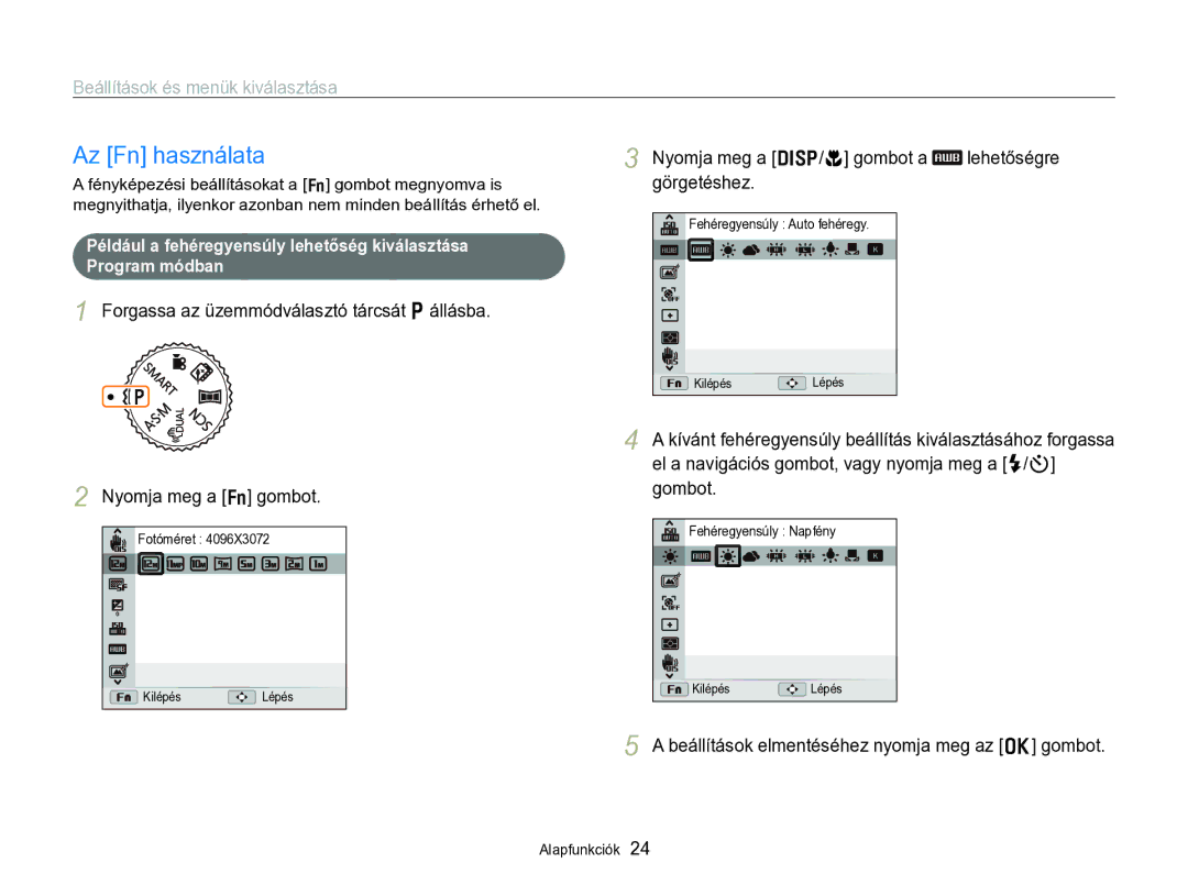 Samsung EC-WB750ZBPBE2, EC-WB750ZBPBE3 manual Az Fn használata, Nyomja meg a D/c gombot a lehetőségre görgetéshez 