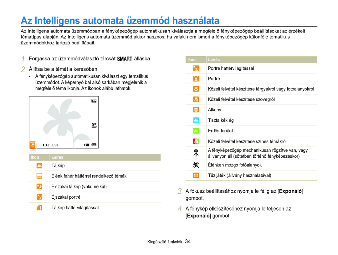 Samsung EC-WB750ZBPBE2, EC-WB750ZBPBE3 manual Az Intelligens automata üzemmód használata, Exponáló gombot 