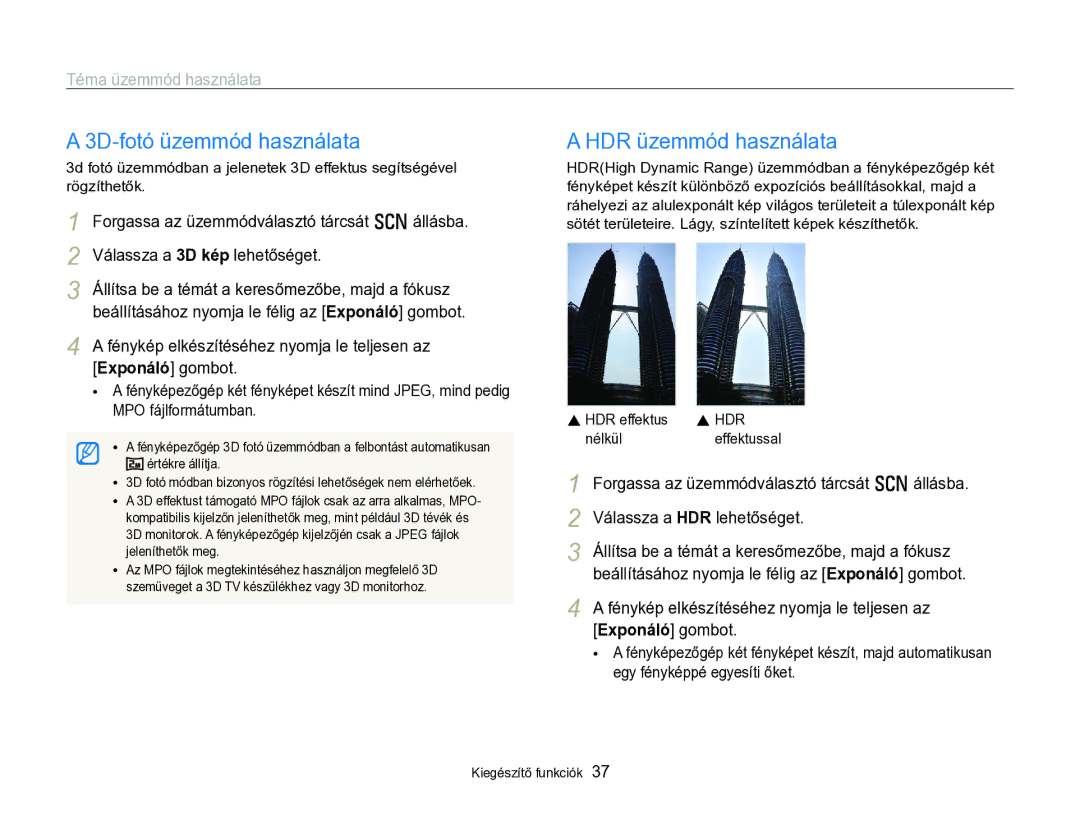 Samsung EC-WB750ZBPBE3, EC-WB750ZBPBE2 manual 3D-fotó üzemmód használata, HDR üzemmód használata, Téma üzemmód használata 