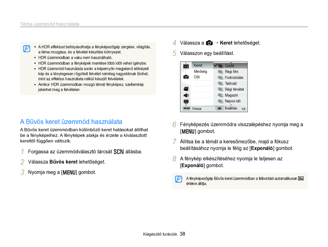 Samsung EC-WB750ZBPBE2 manual Bűvös keret üzemmód használata, Fényképezés üzemmódra visszalépéshez nyomja meg a m gombot 